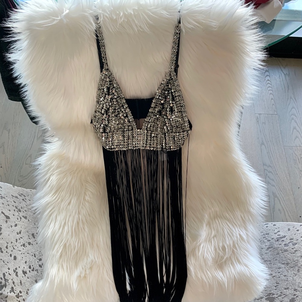 Fashion Nova Silver Sequin Fringe Swim Coverup - Picture 2 of 7